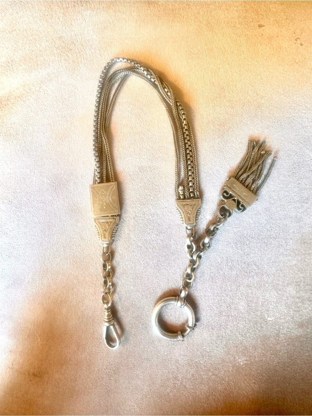 Vintage Multi Strand Silver Tone Watch Chain / Bracelet with Tassel & Fob Clasps